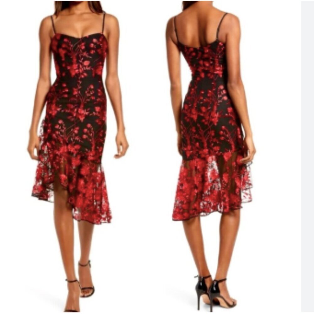 Dress the Population Cantrelle Sweetheart Embroidered Floral Midi Dress